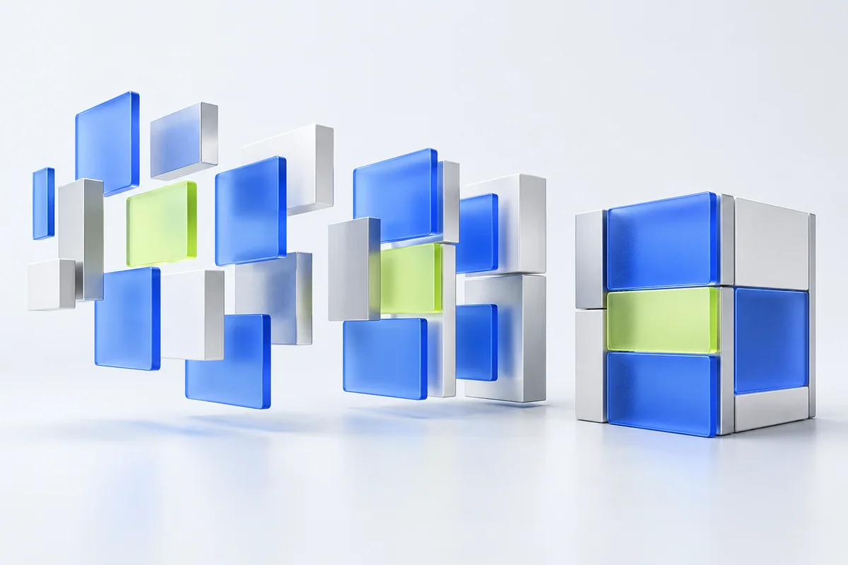 Separated data modules becoming an organized, connected structure.