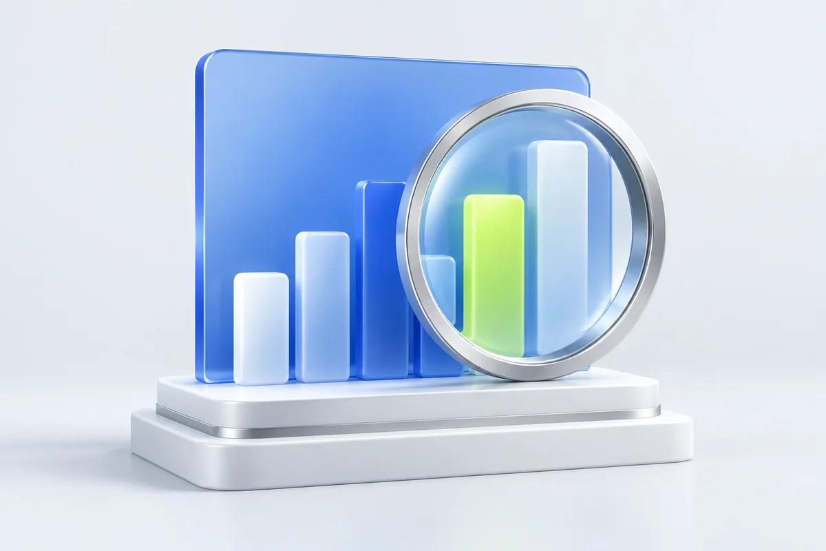 A glass reporting panel and analytical lens representing business intelligence.
